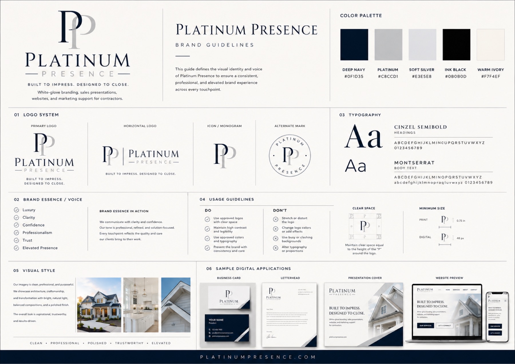 The Platinum Presence brand standard — primary logo, alternate marks, color palette, typography, and sample digital applications.
