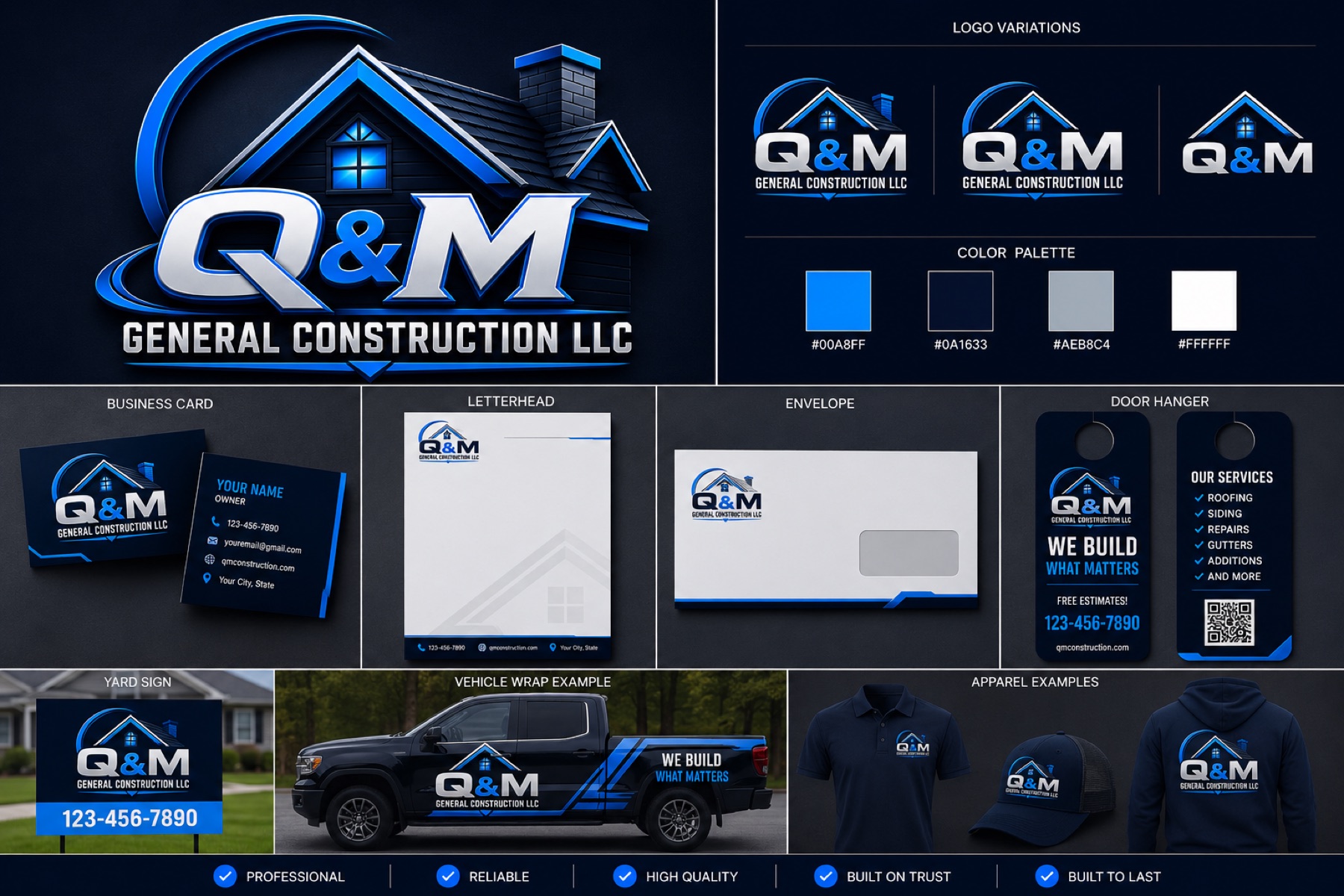 Q&M General Construction complete brand sheet — primary logo, three logo variations, color palette, business card, letterhead, envelope, door hanger, yard sign, vehicle wrap, and apparel examples.
