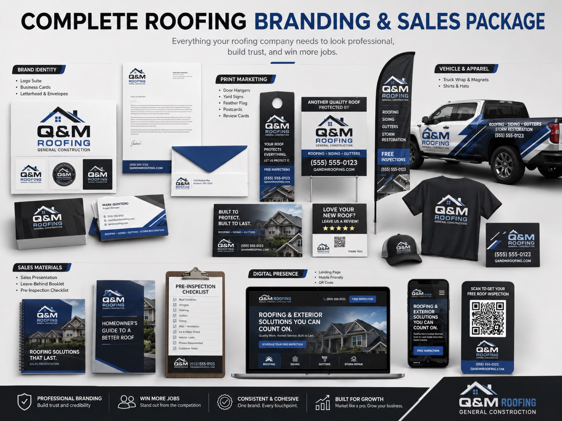 A complete brand and sales package Platinum Presence designed for Q&M Roofing — sales presentation, business cards, letterhead, envelope, door hanger, yard sign, feather flag, postcards, review card, vehicle wrap, apparel, and a mobile-friendly landing page.