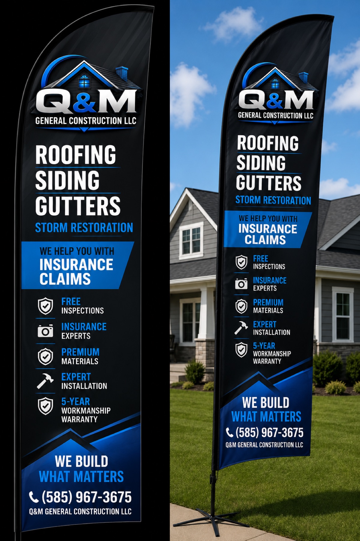 Q&M General Construction feather flag artwork.