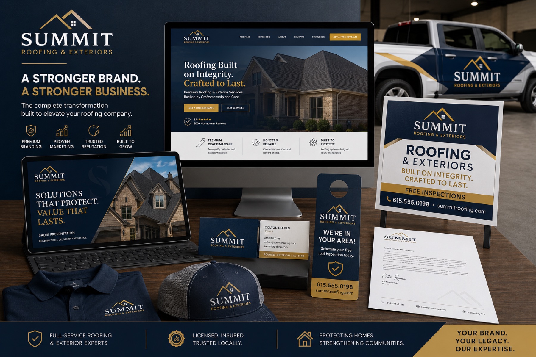 Summit Roofing & Exteriors complete brand transformation — primary logo, website, vehicle branding, yard sign, business card, door hanger, letterhead, and apparel.